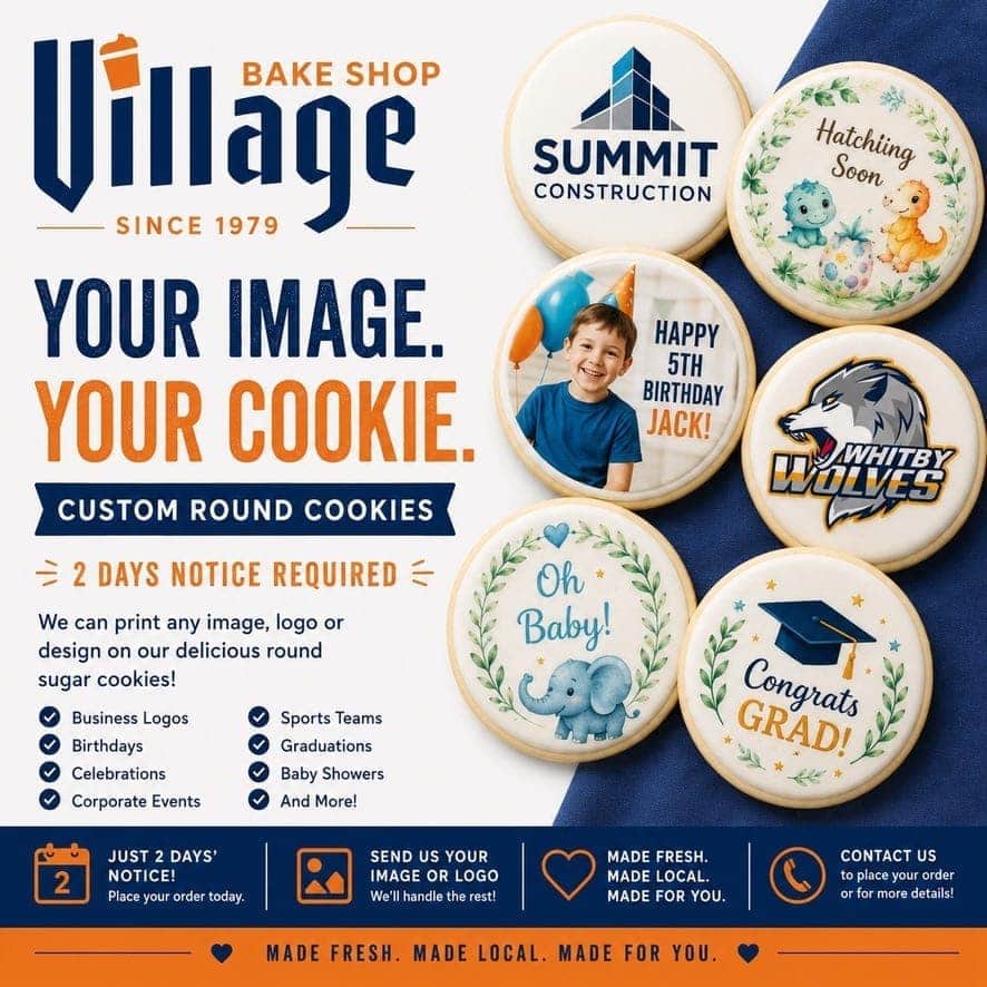 Custom round cookies with printed logos, photos, and designs